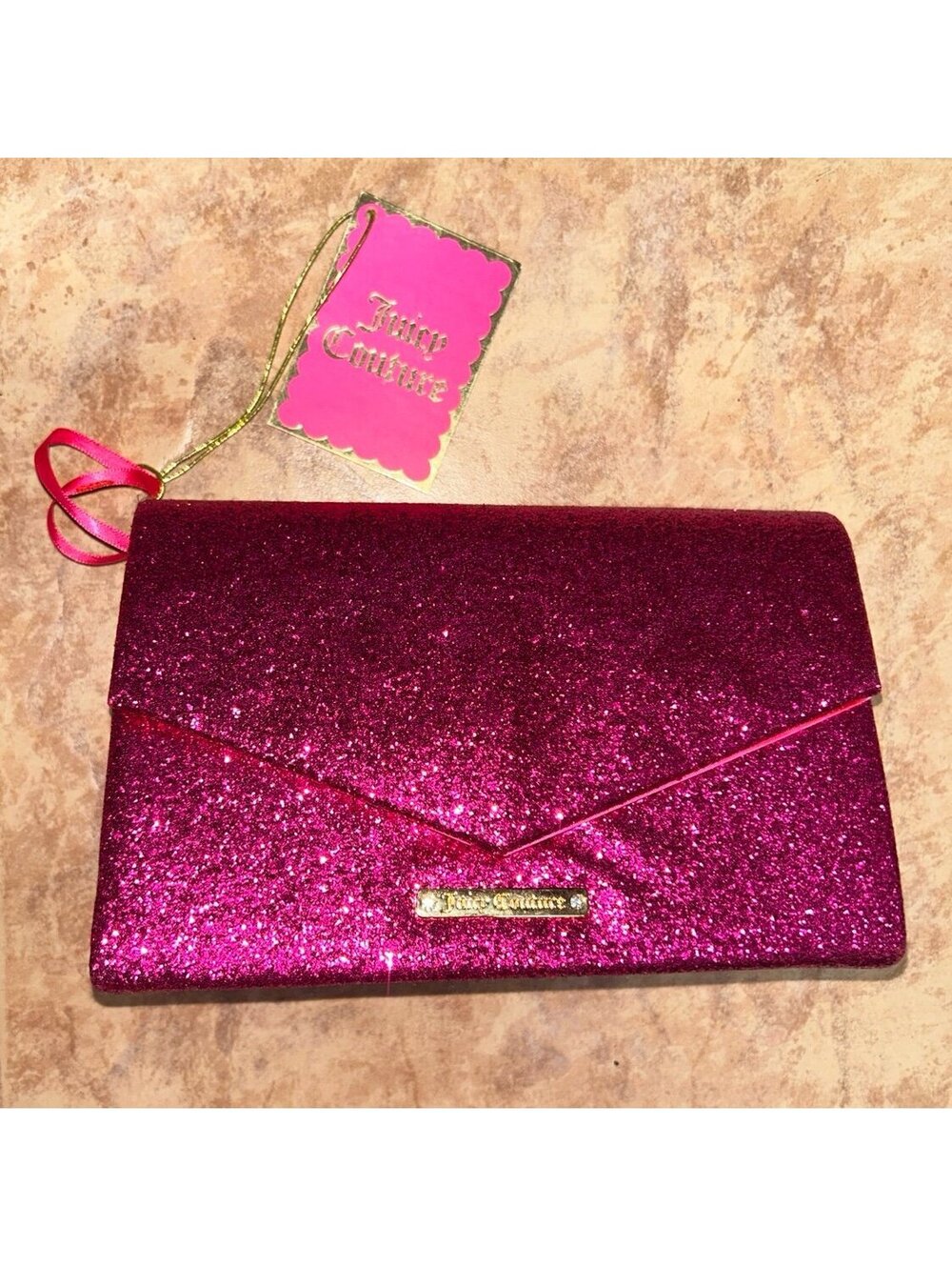 Juicy Couture Pink Glitter Clutch Purse Envelope Bag Gold Hardware NWT